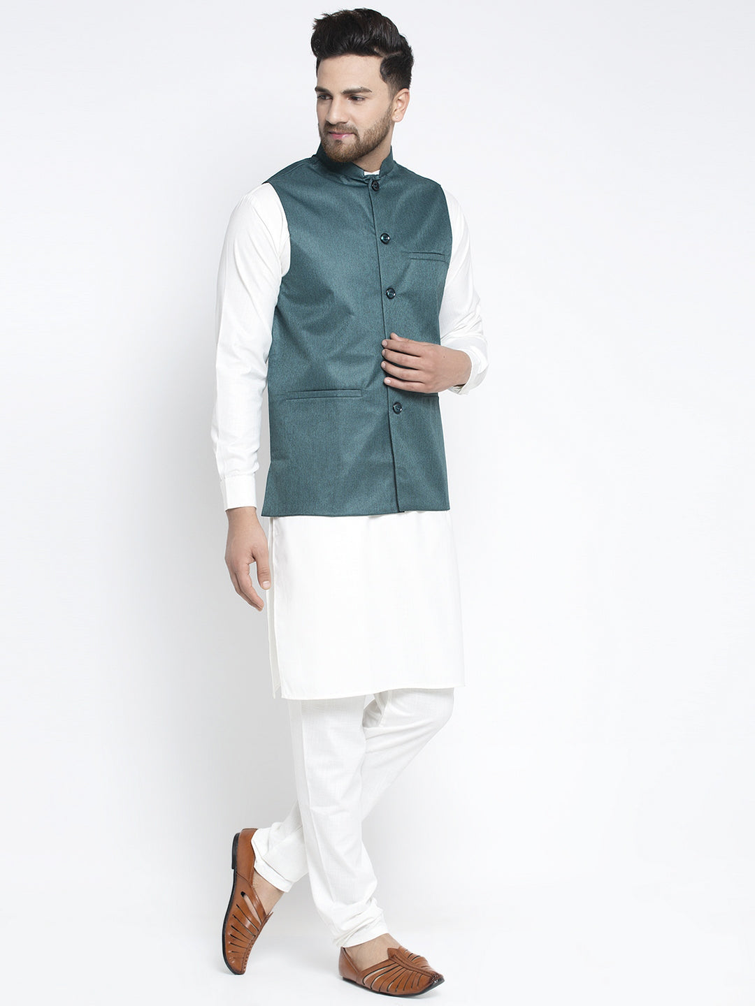Jompers Men's Solid White Cotton Kurta Payjama with Solid Teal Waistcoat (Teal ) | Swadesiicart