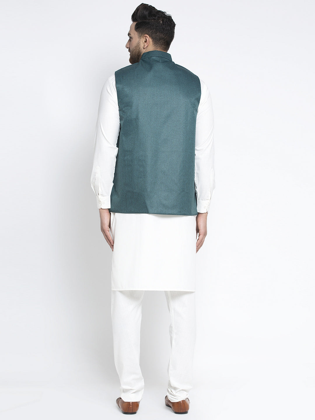 Jompers Men's Solid White Cotton Kurta Payjama with Solid Teal Waistcoat (Teal ) | Swadesiicart