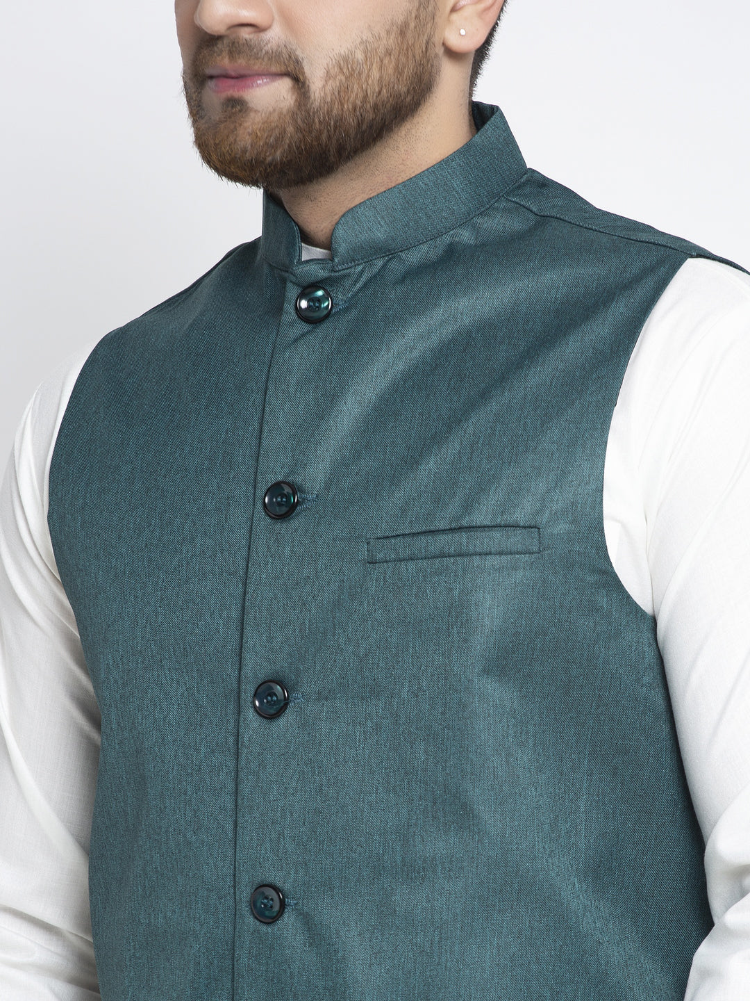 Jompers Men's Solid White Cotton Kurta Payjama with Solid Teal Waistcoat (Teal ) | Swadesiicart