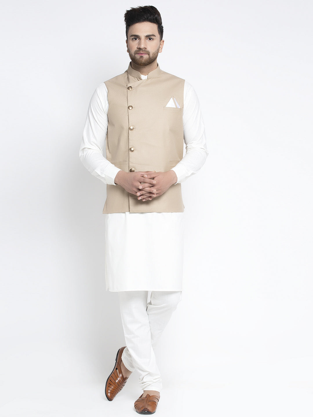 Jompers Men's Solid White Cotton Kurta Payjama with Geometric Waistcoat(Beige) | Swadesiicart