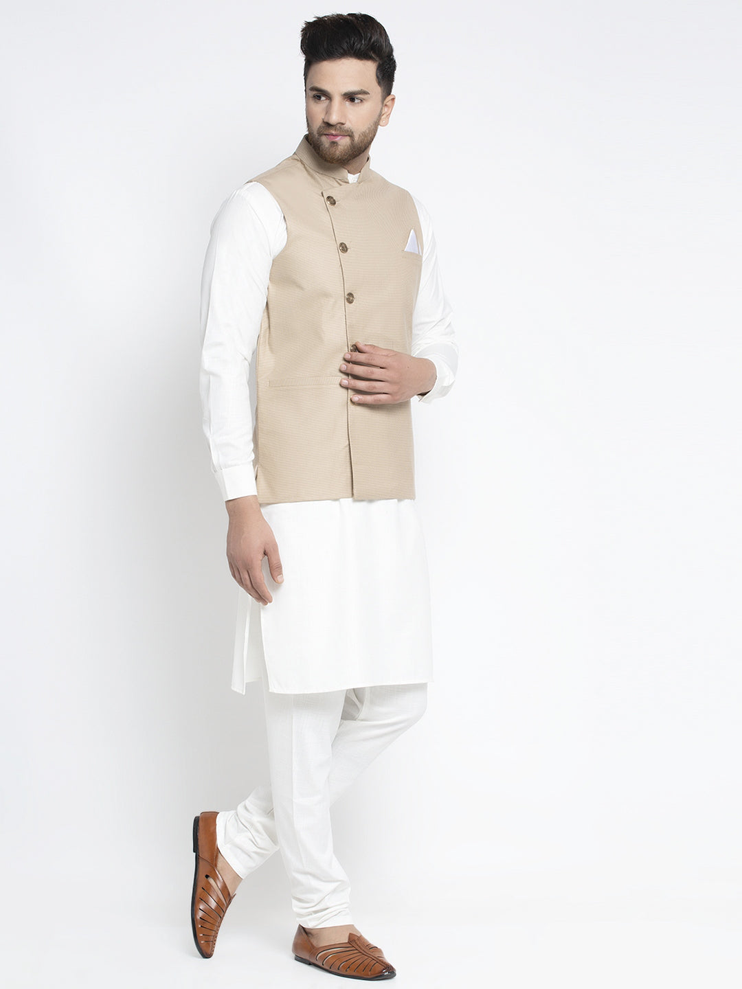 Jompers Men's Solid White Cotton Kurta Payjama with Geometric Waistcoat(Beige) | Swadesiicart