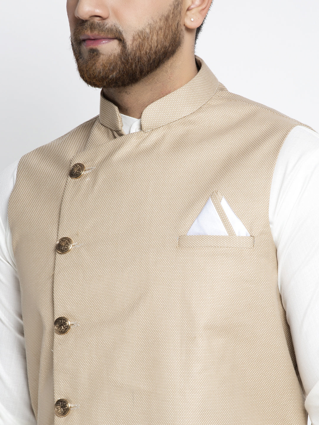 Jompers Men's Solid White Cotton Kurta Payjama with Geometric Waistcoat(Beige) | Swadesiicart