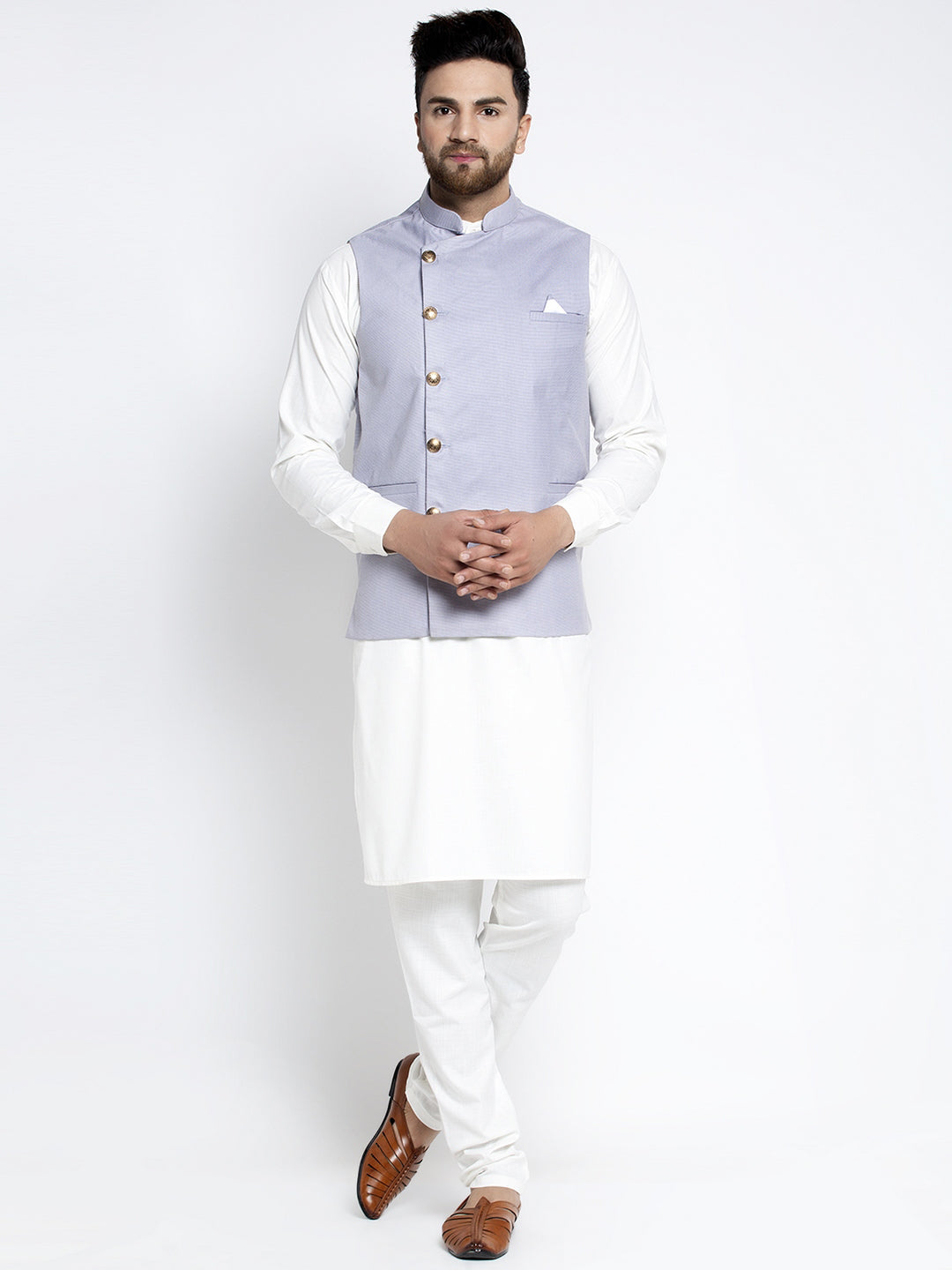 Jompers Men's Solid White Cotton Kurta Payjama with Geometric Waistcoat(Blue) | Swadesiicart