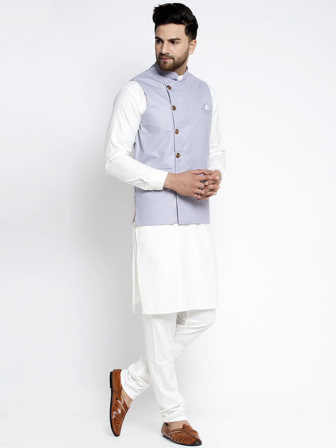 Jompers Men's Solid White Cotton Kurta Payjama with Geometric Waistcoat(Blue) | Swadesiicart