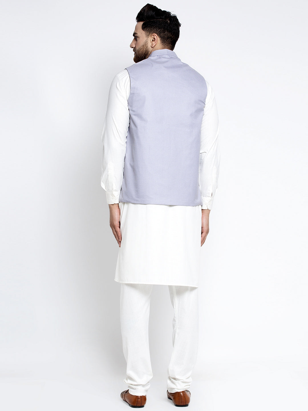 Jompers Men's Solid White Cotton Kurta Payjama with Geometric Waistcoat(Blue) | Swadesiicart