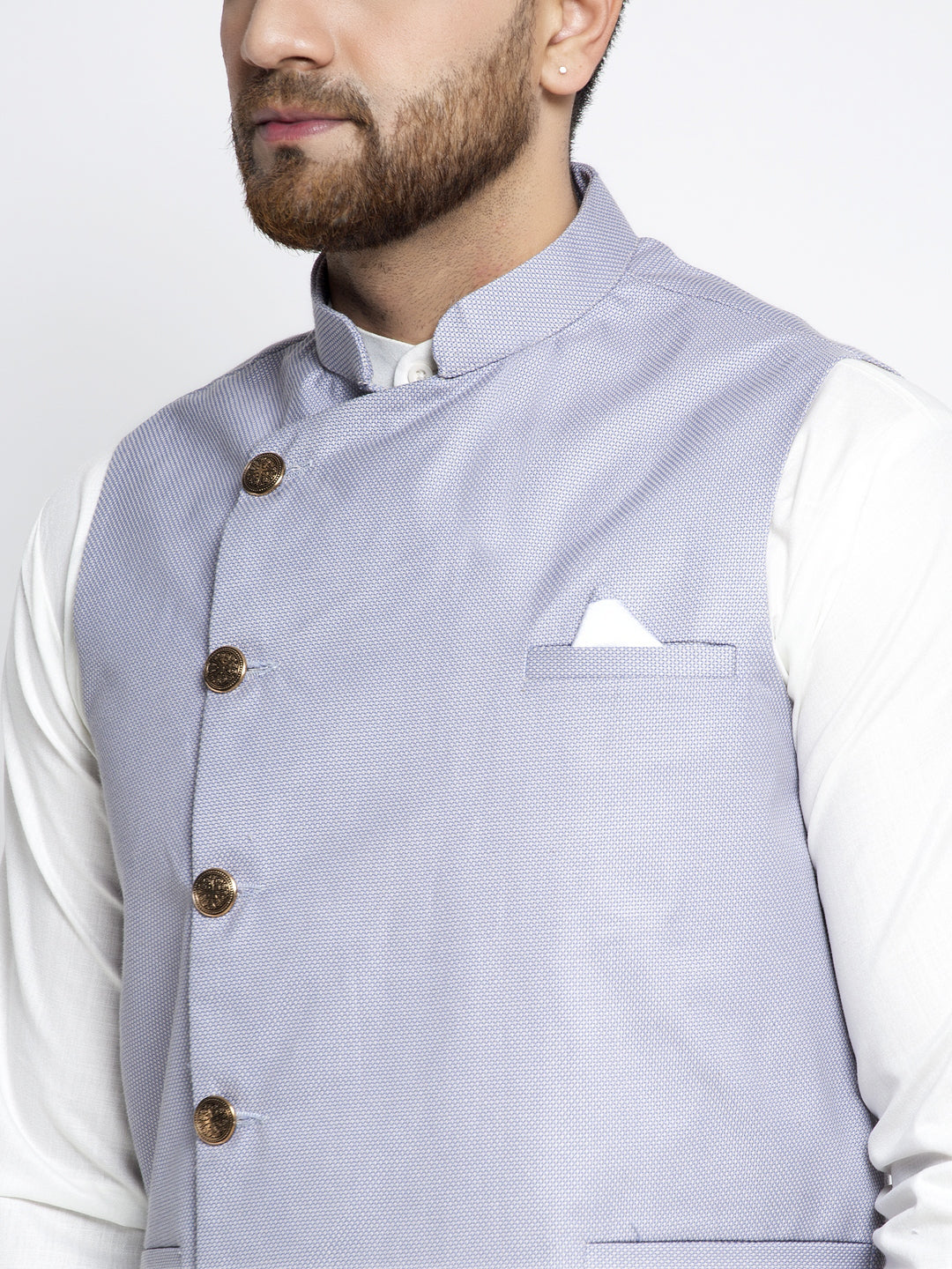 Jompers Men's Solid White Cotton Kurta Payjama with Geometric Waistcoat(Blue) | Swadesiicart