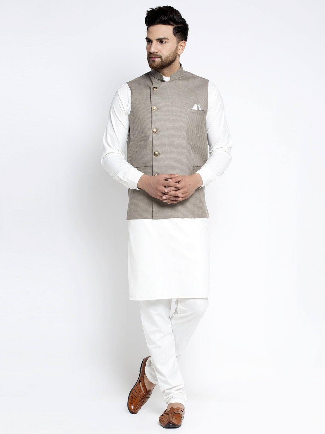 Jompers Men's Solid White Cotton Kurta Payjama with Geometric Waistcoat(Grey) | Swadesiicart