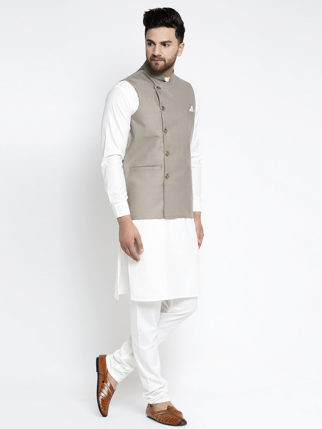 Jompers Men's Solid White Cotton Kurta Payjama with Geometric Waistcoat(Grey) | Swadesiicart