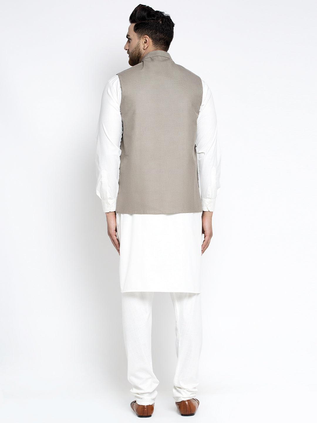 Jompers Men's Solid White Cotton Kurta Payjama with Geometric Waistcoat(Grey) | Swadesiicart