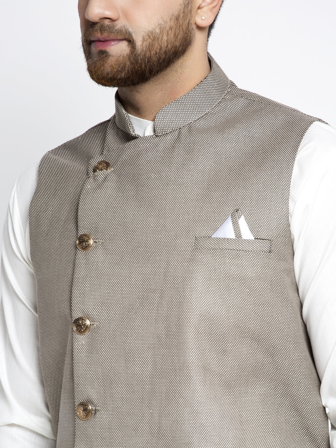 Jompers Men's Solid White Cotton Kurta Payjama with Geometric Waistcoat(Grey) | Swadesiicart