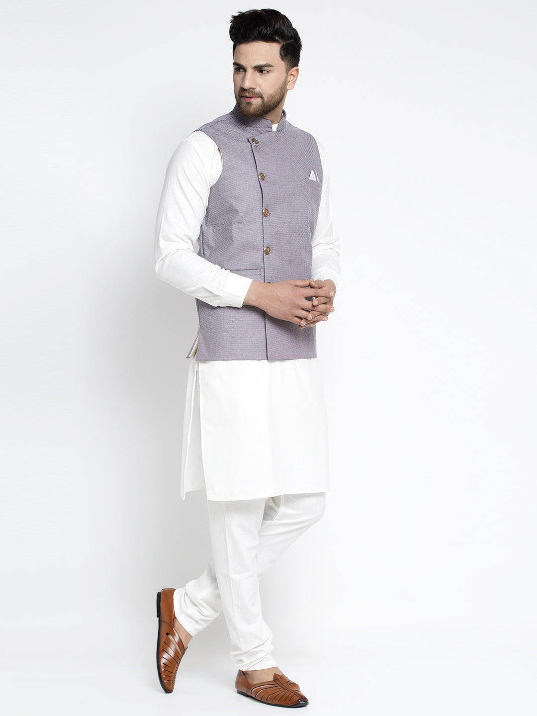 Jompers Men's Solid White Cotton Kurta Payjama with Geometric Waistcoat(Purple) | Swadesiicart