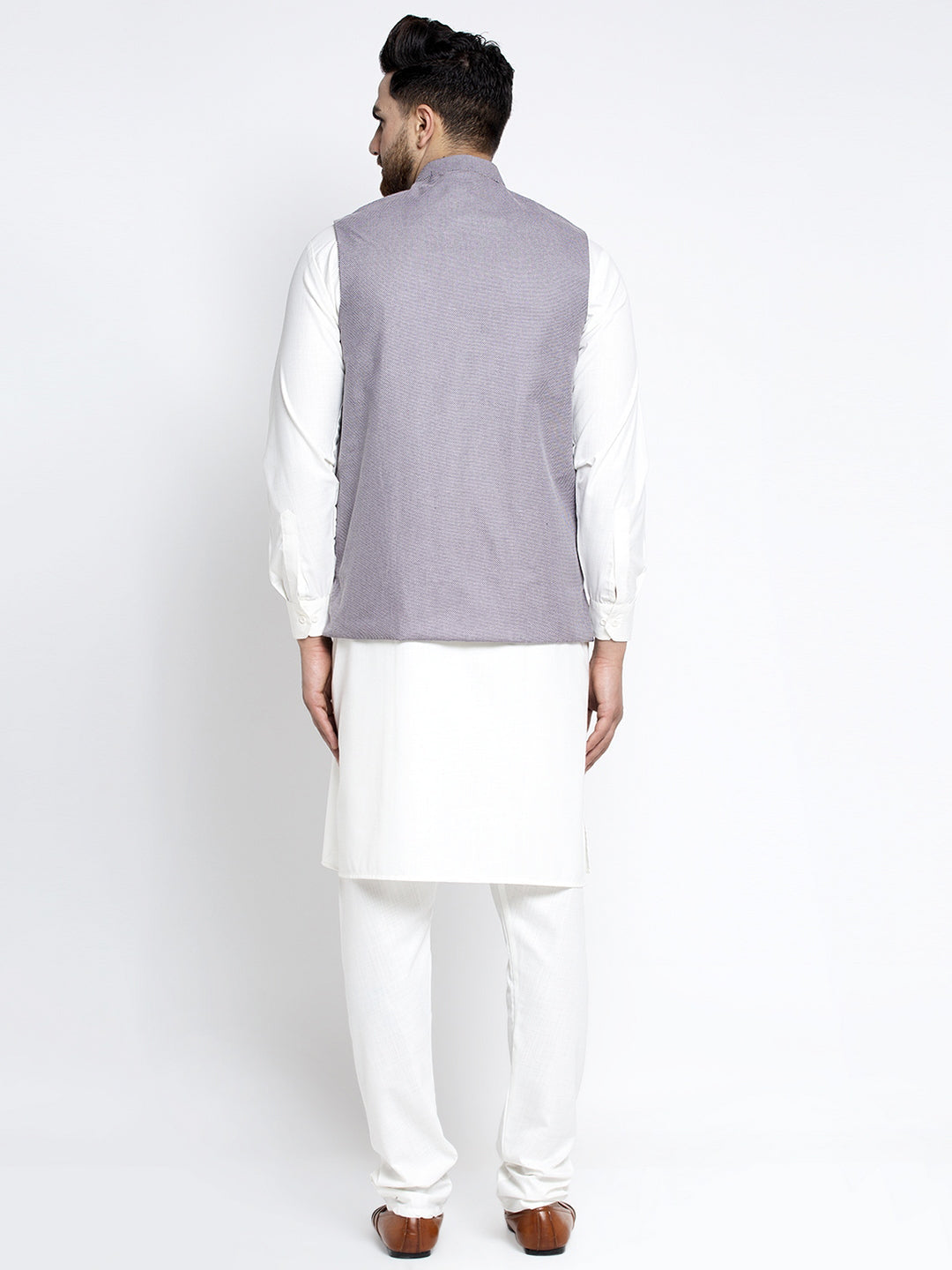 Jompers Men's Solid White Cotton Kurta Payjama with Geometric Waistcoat(Purple) | Swadesiicart