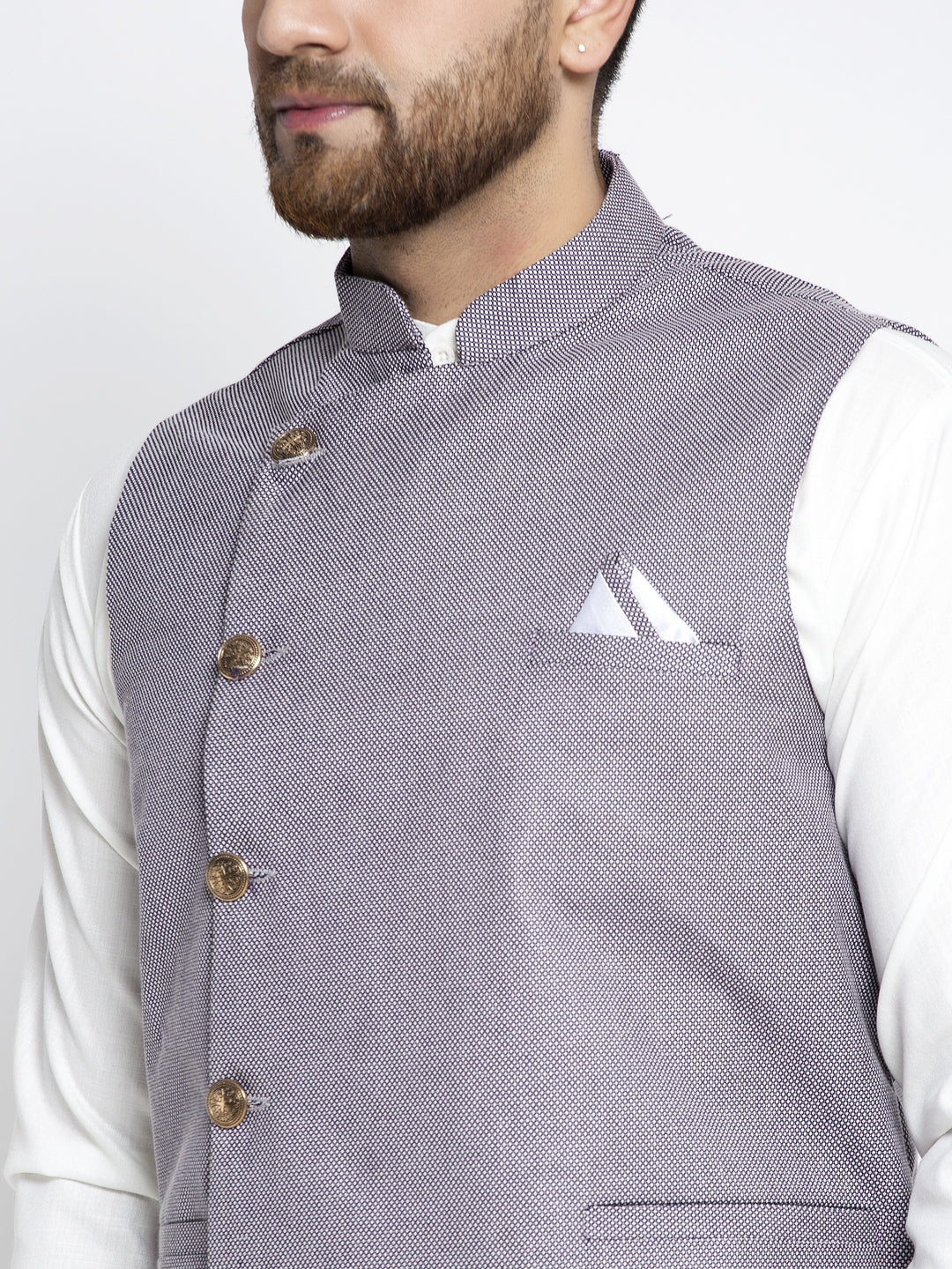 Jompers Men's Solid White Cotton Kurta Payjama with Geometric Waistcoat(Purple) | Swadesiicart