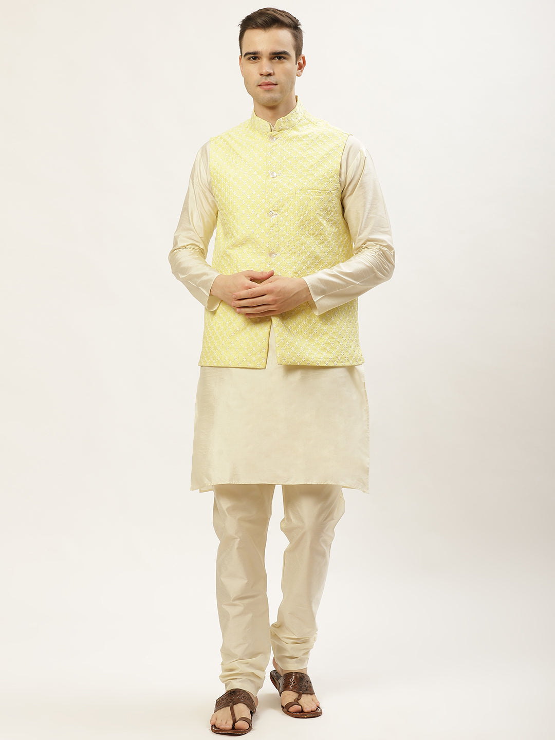 Jompers Men's Embroidered Nehru Jacket & Kurta Pyjama ( Yellow ) | Swadesiicart