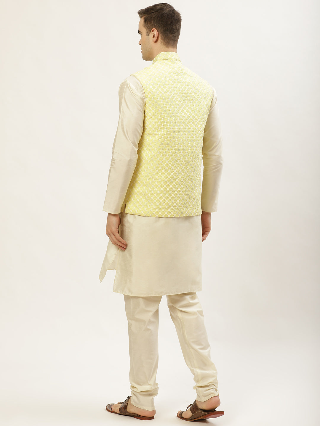 Jompers Men's Embroidered Nehru Jacket & Kurta Pyjama ( Yellow ) | Swadesiicart