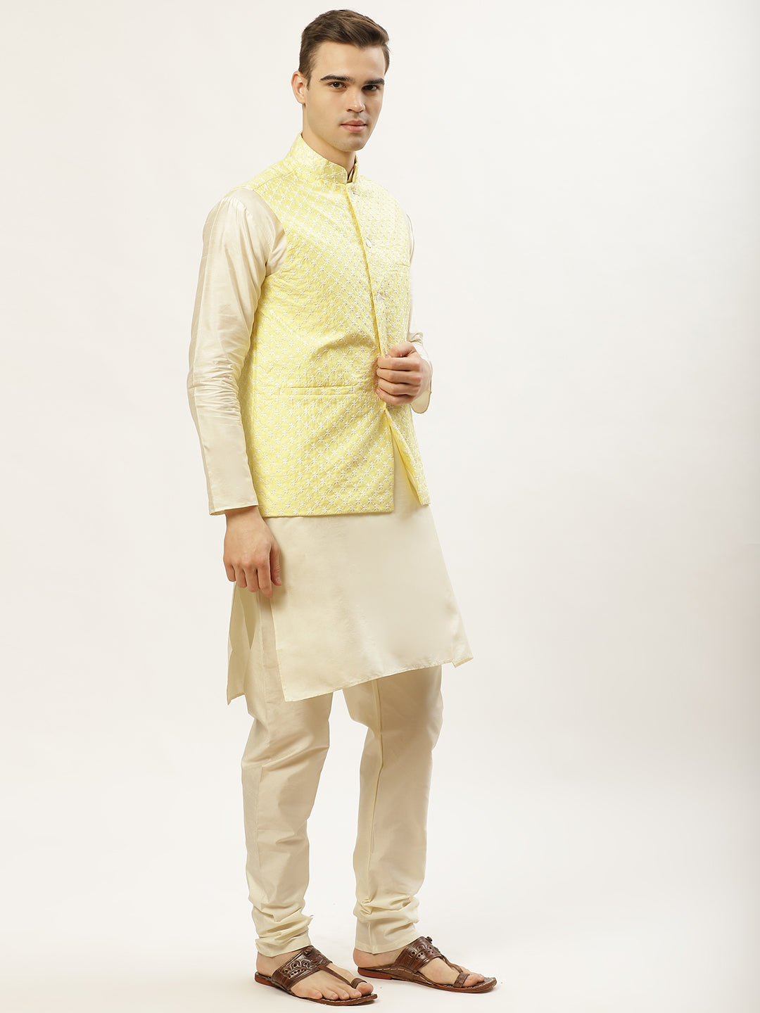 Jompers Men's Embroidered Nehru Jacket & Kurta Pyjama ( Yellow ) | Swadesiicart
