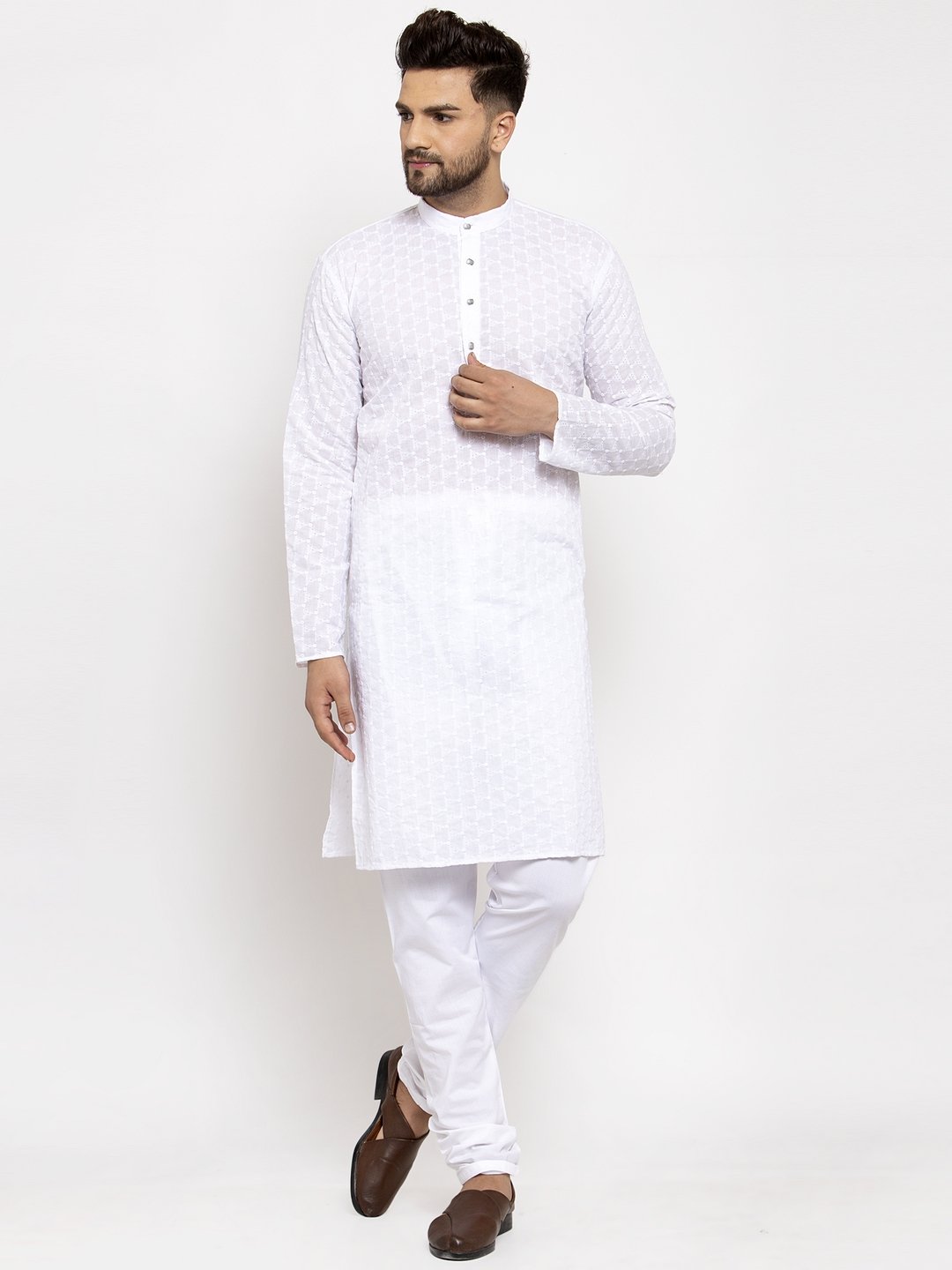 Jompers Men White Chikan Kurta Only | Swadesiicart
