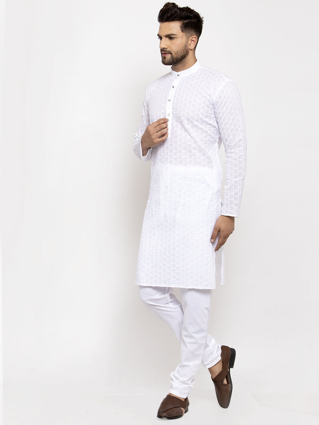 Jompers Men White Chikan Kurta with Churidar | Swadesiicart