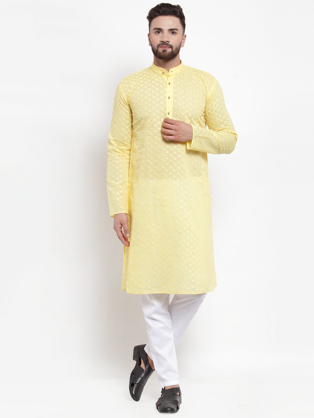 Jompers Men Yellow Chikan Kurta Only | Swadesiicart