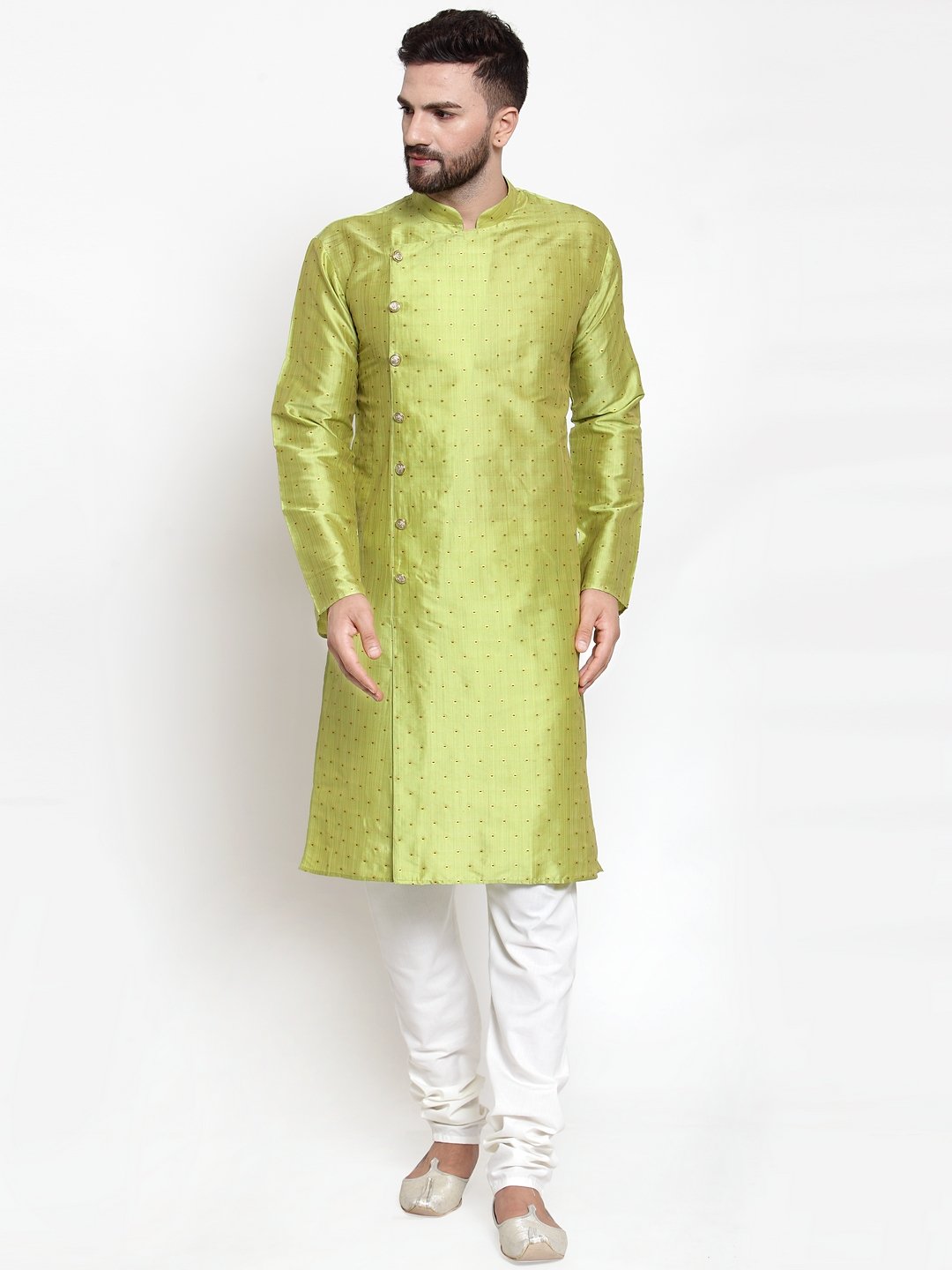 Jompers Men Light-Green & Golden Self Design Kurta Only | Swadesiicart