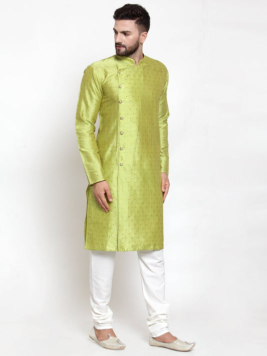 Jompers Men Light-Green & Golden Self Design Kurta Only | Swadesiicart