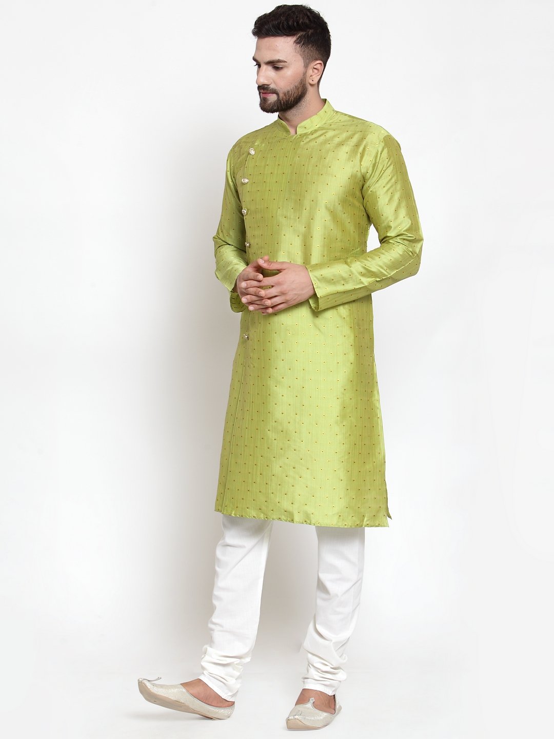Jompers Men Light-Green & Golden Self Design Kurta Only | Swadesiicart