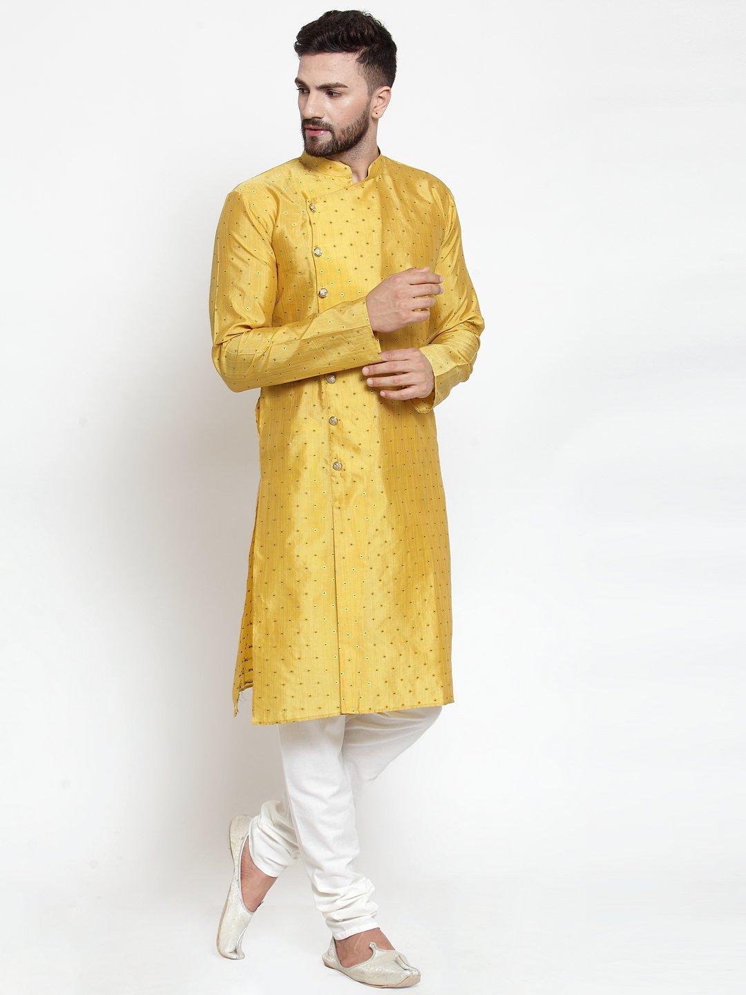 Jompers Men Yellow & Golden Self Design Kurta Only | Swadesiicart
