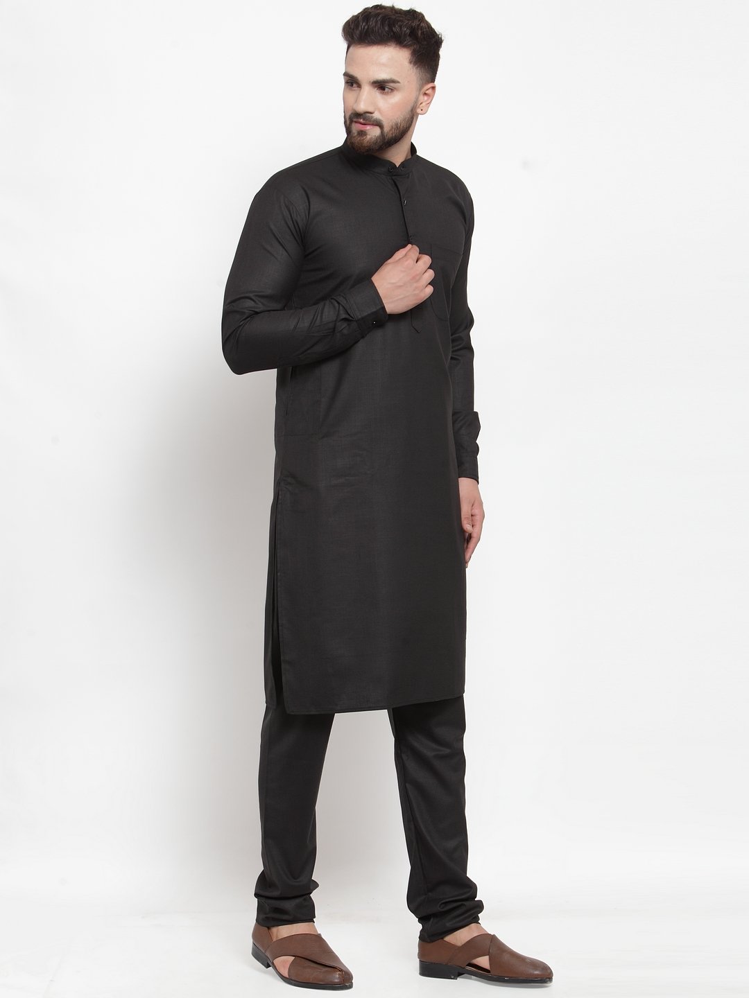 Jompers Men Black Solid Mandarin Collar Kurta with Churidar | Swadesiicart