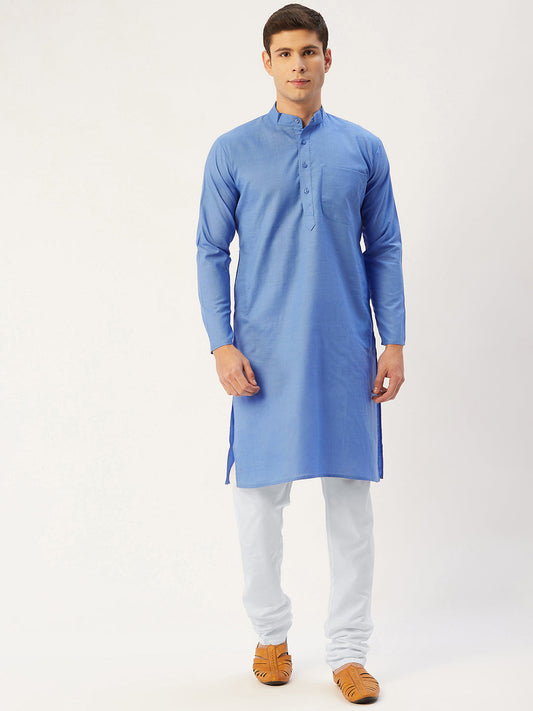 Jompers Men's Beautiful Blue Cotton Solid Kurta Pyjama | Swadesiicart