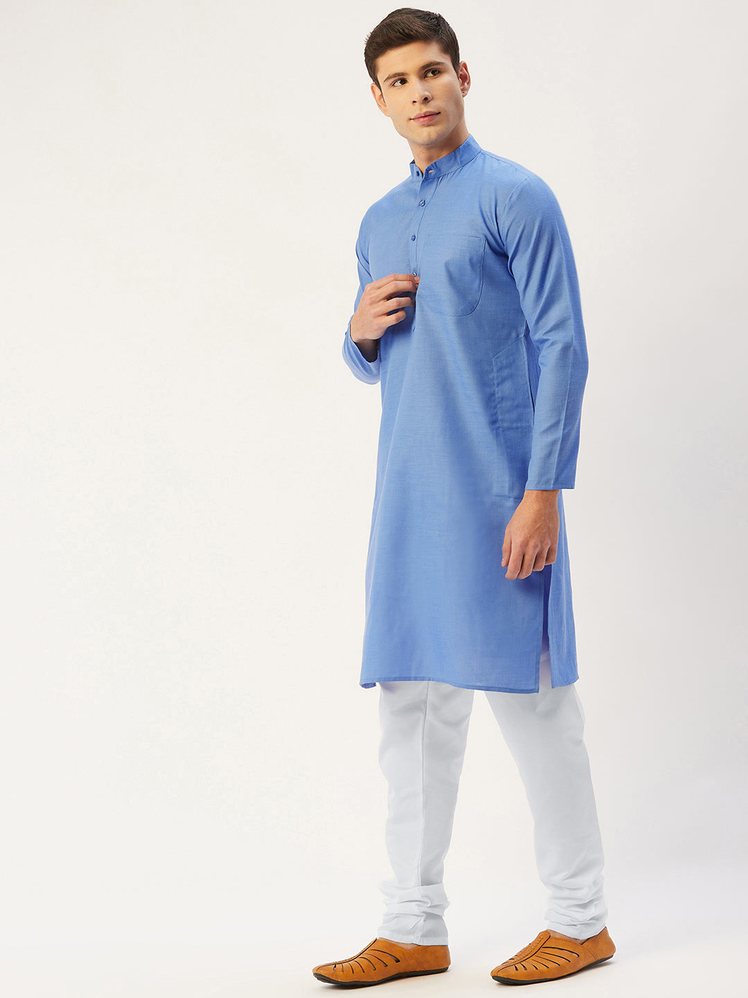 Jompers Men's Beautiful Blue Cotton Solid Kurta Pyjama | Swadesiicart