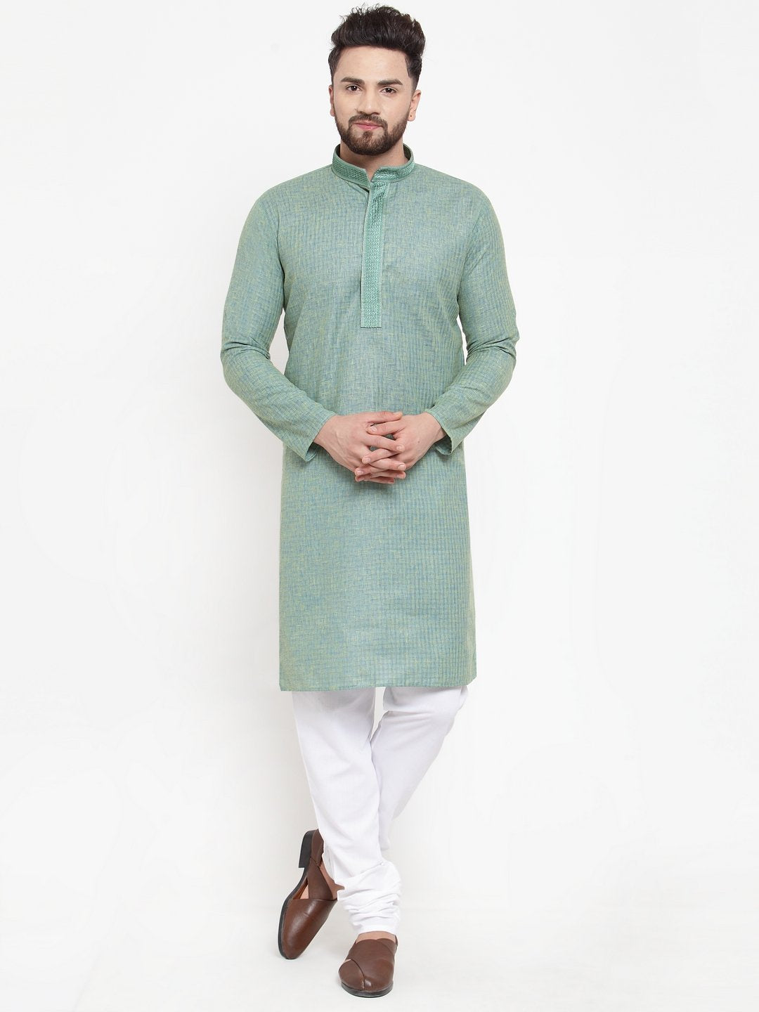 Jompers Men Sea Green & White Embroidered Kurta with Churidar | Swadesiicart