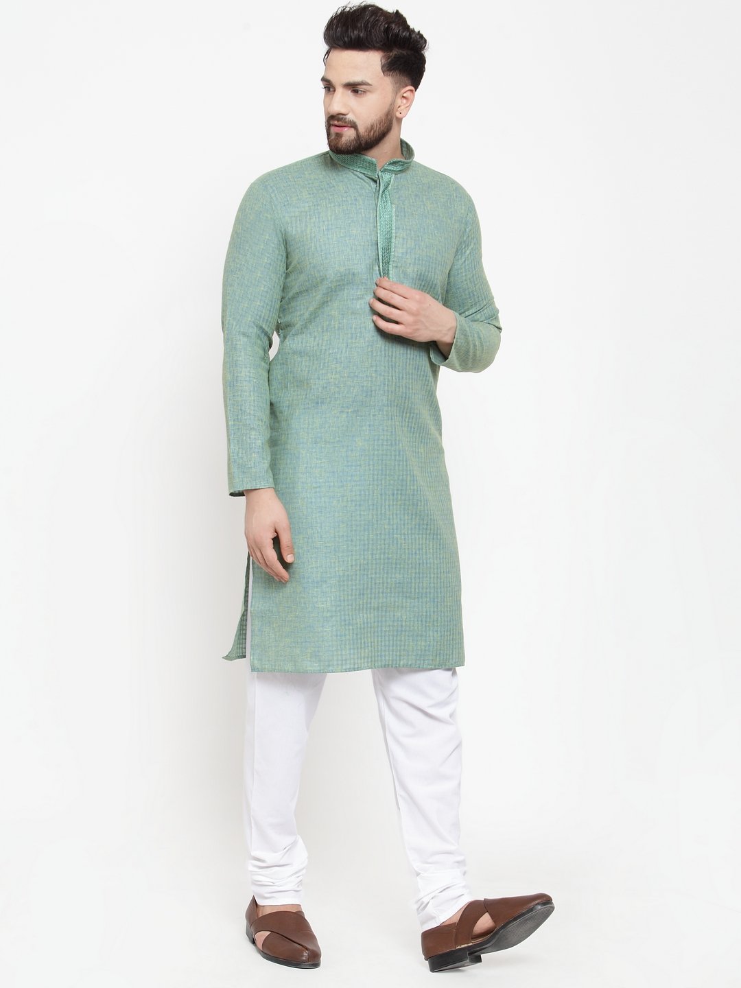 Jompers Men Sea Green & White Embroidered Kurta with Churidar | Swadesiicart