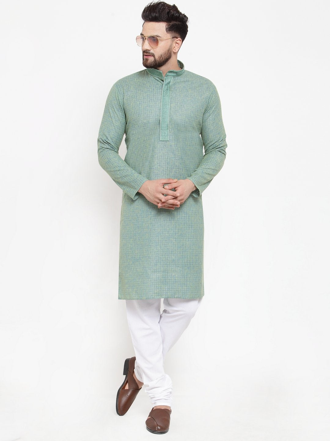 Jompers Men Sea Green & White Embroidered Kurta with Churidar | Swadesiicart