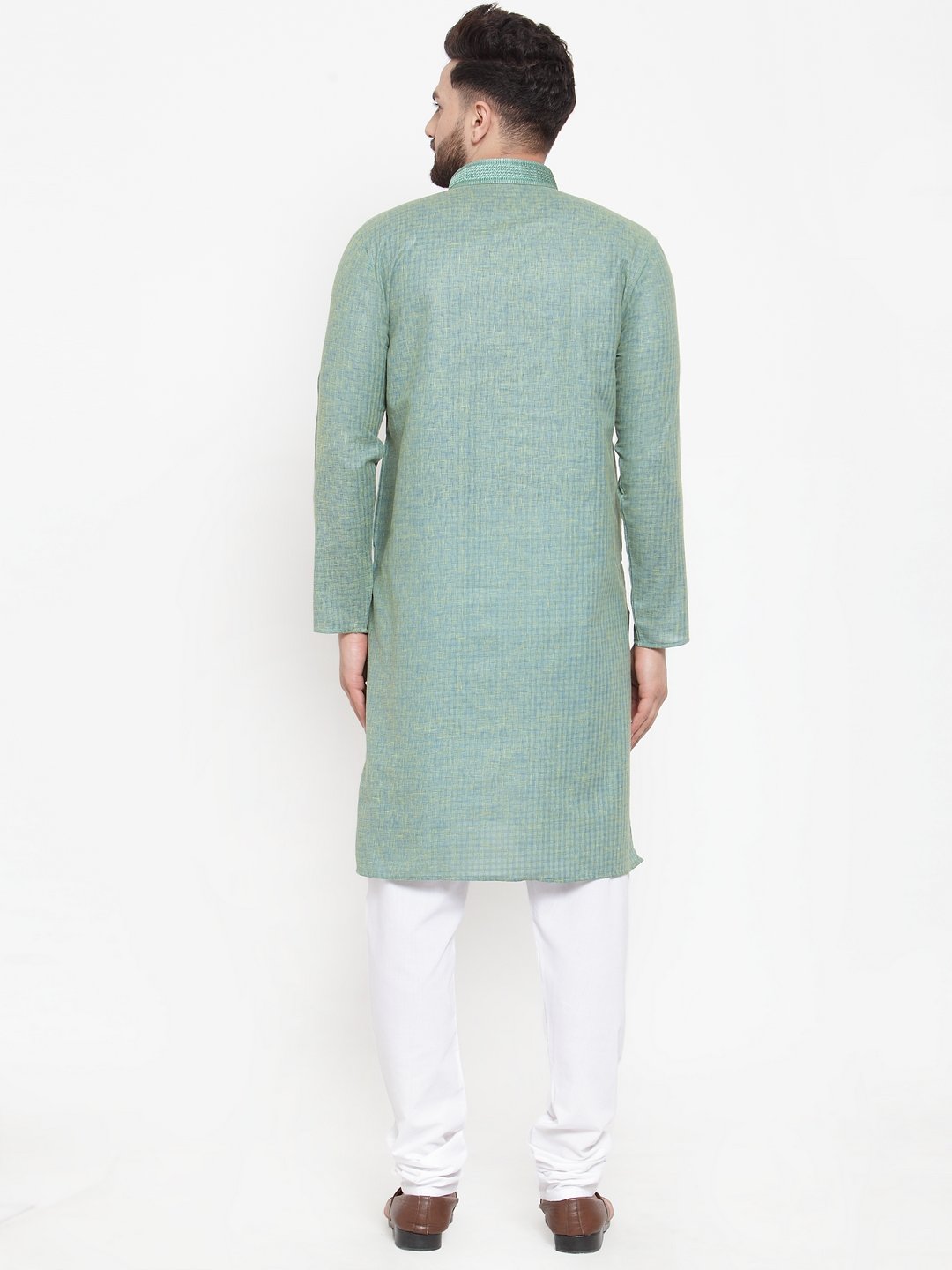 Jompers Men Sea Green & White Embroidered Kurta with Churidar | Swadesiicart