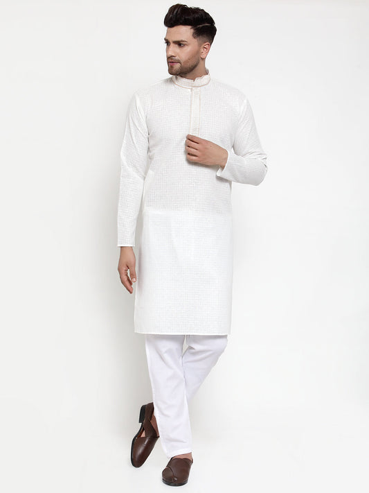 Jompers Men's White Woven Kurta Payjama Sets | Swadesiicart