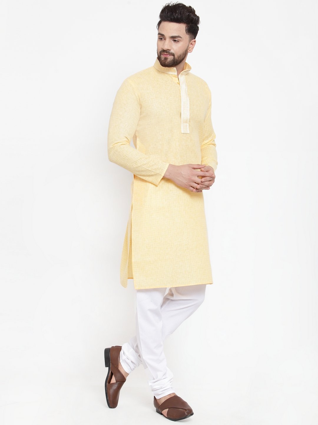 Jompers Men Yellow & White Embroidered Kurta with Churidar | Swadesiicart