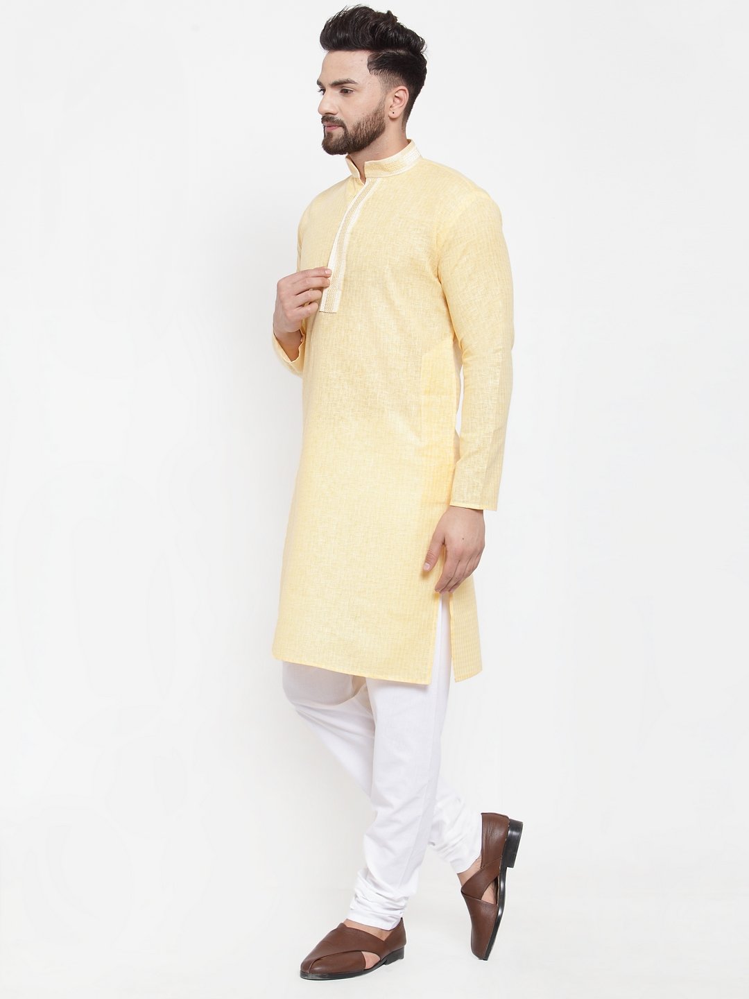 Jompers Men Yellow & White Embroidered Kurta Only | Swadesiicart