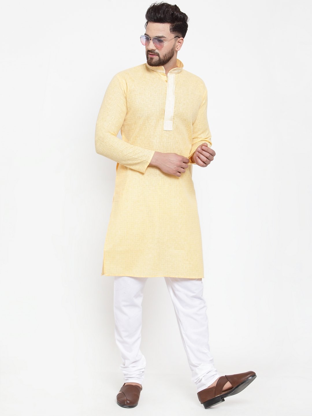 Jompers Men Yellow & White Embroidered Kurta Only | Swadesiicart