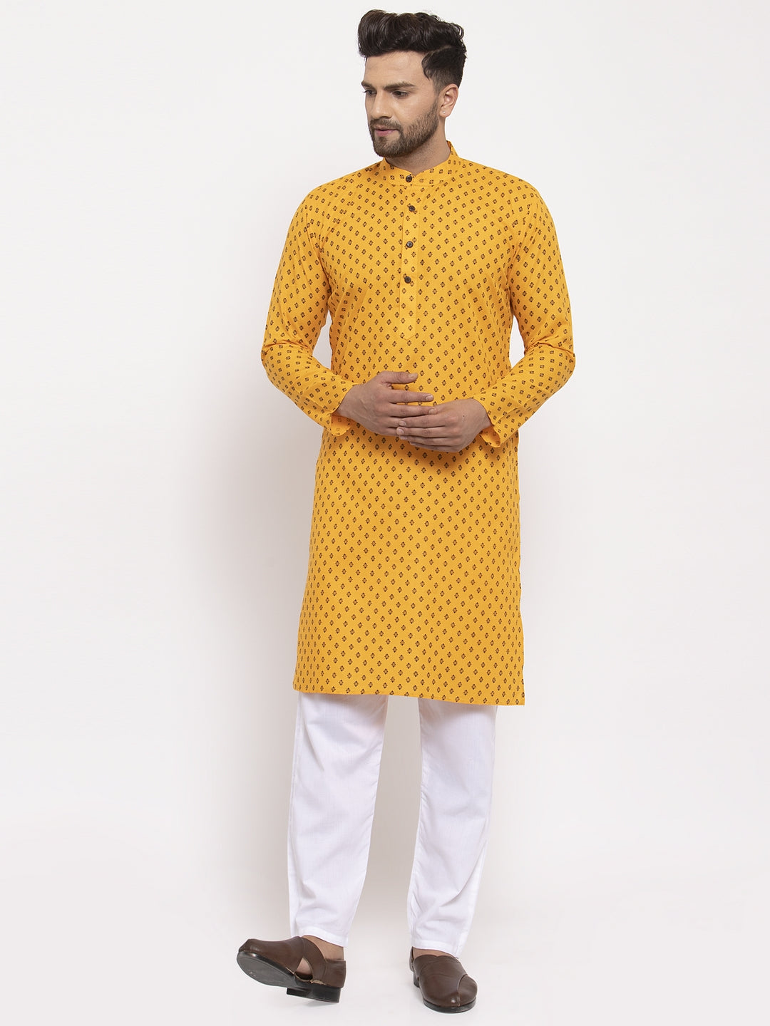Jompers Men Yellow Printed Kurta with Pyjamas | Swadesiicart