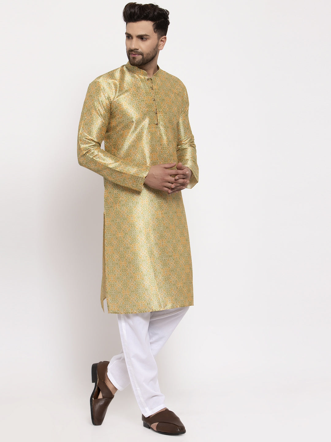 Jompers Men Green & Gold-Toned Woven Design Kurta with Pyjamas | Swadesiicart