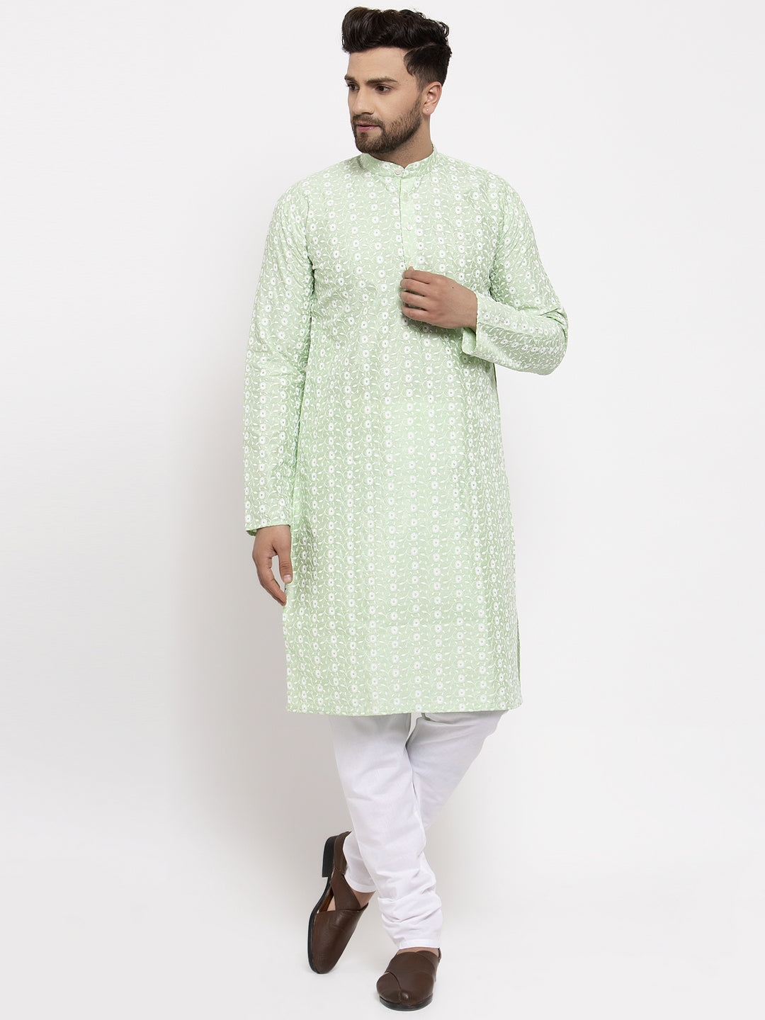 Jompers Men Mint Green Embroidered Kurta with Pyjamas | Swadesiicart