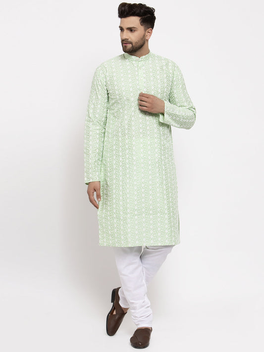 Jompers Men Mint Green Embroidered Kurta with Pyjamas | Swadesiicart