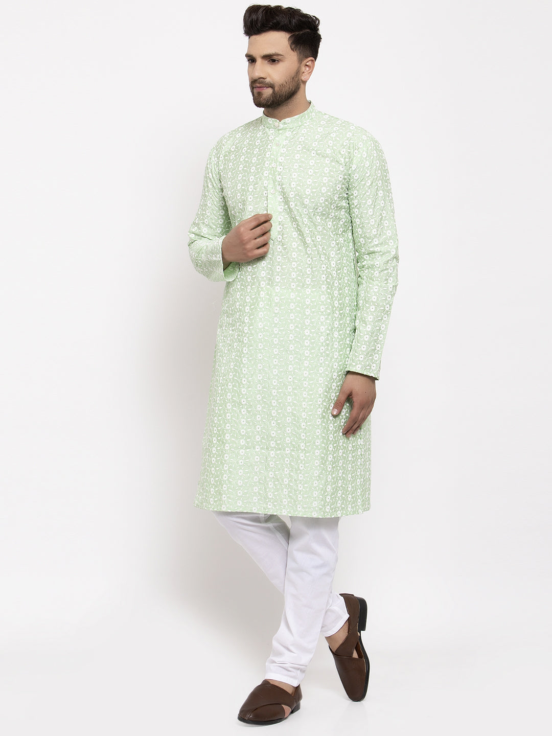 Jompers Men Mint Green Embroidered Kurta with Pyjamas | Swadesiicart