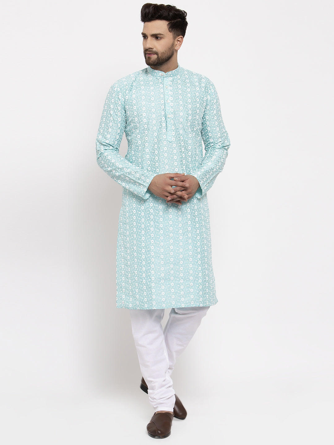 Jompers Men Turquoise Blue Embroidered Kurta with Pyjamas | Swadesiicart