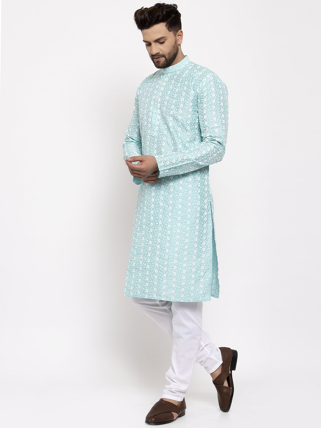 Jompers Men Turquoise Blue Embroidered Kurta with Pyjamas | Swadesiicart