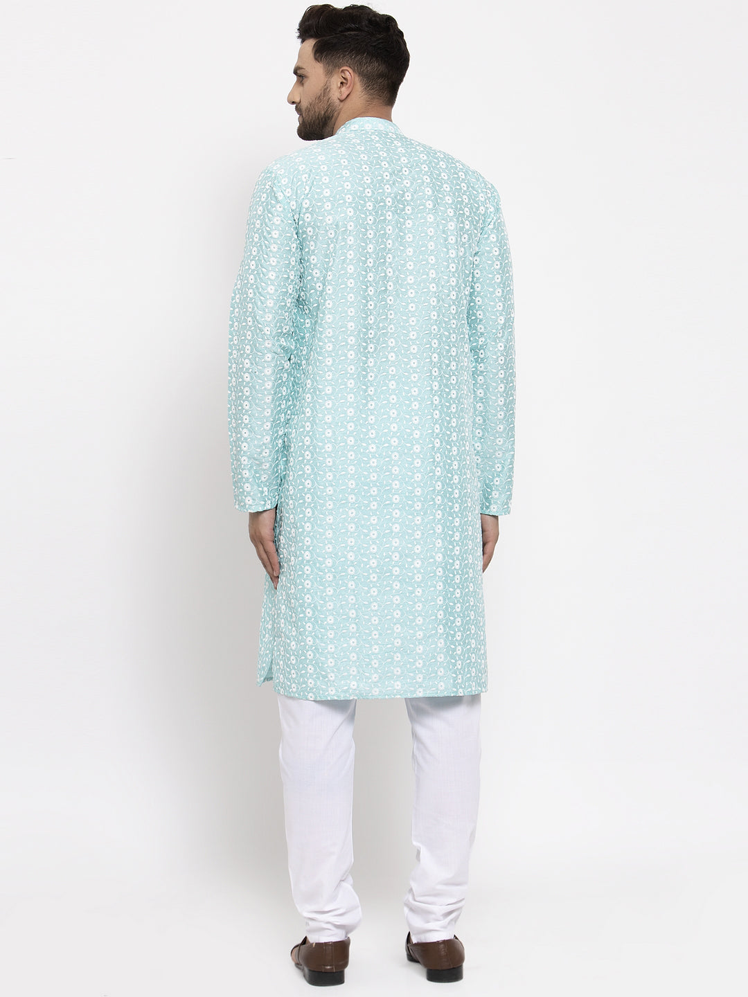 Jompers Men Turquoise Blue Embroidered Kurta with Pyjamas | Swadesiicart