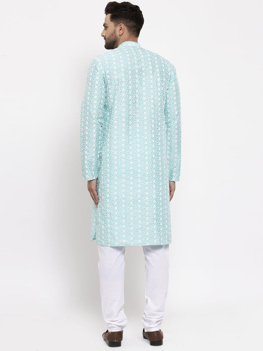 Jompers Men Turquoise Blue Embroidered Kurta with Pyjamas | Swadesiicart