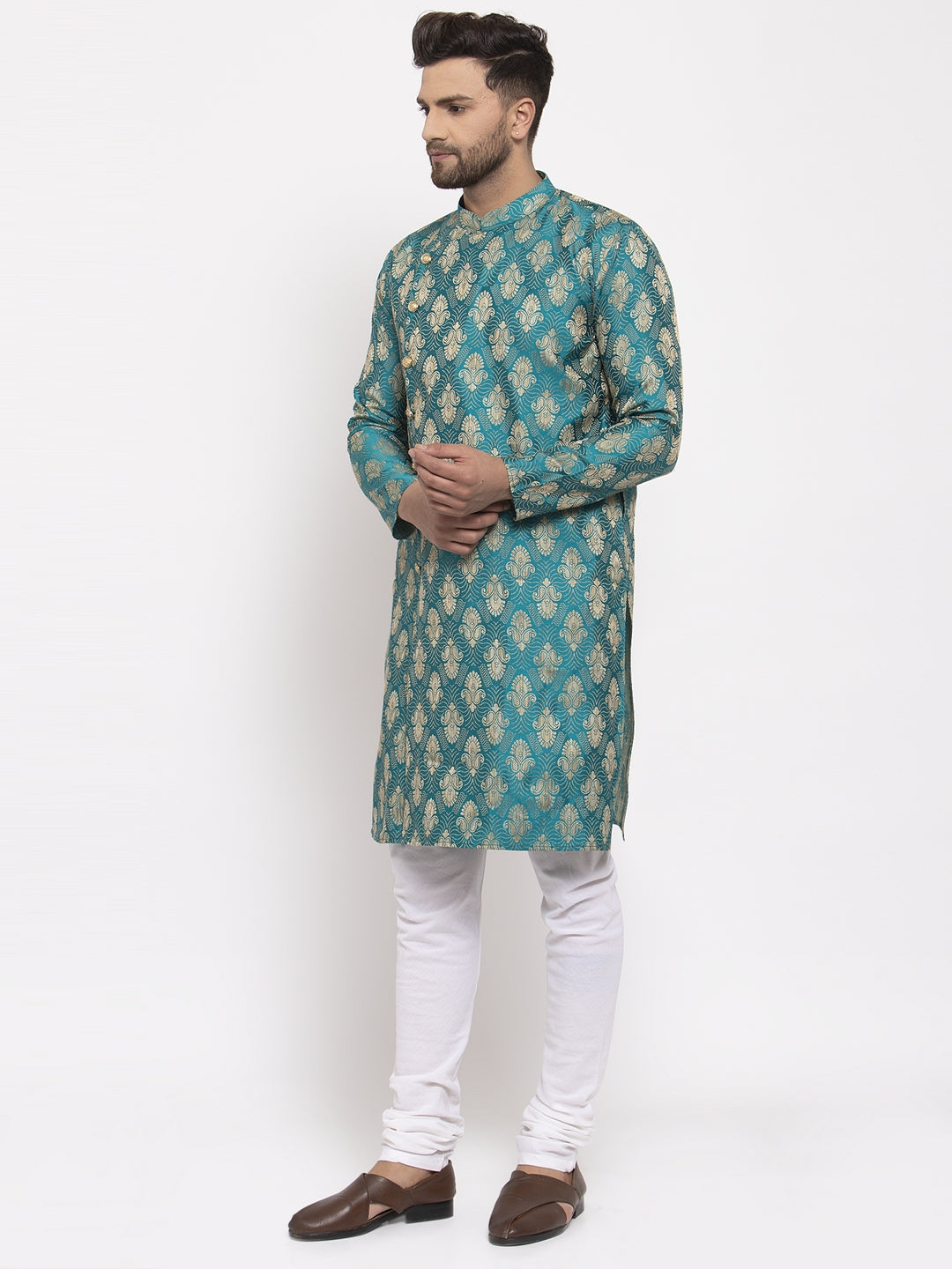 Jompers Men Green Jacquard Kurta with Churidar | Swadesiicart