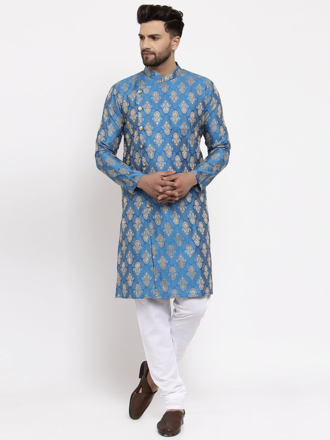 Jompers Men Blue Jacquard Kurta with Churidar | Swadesiicart