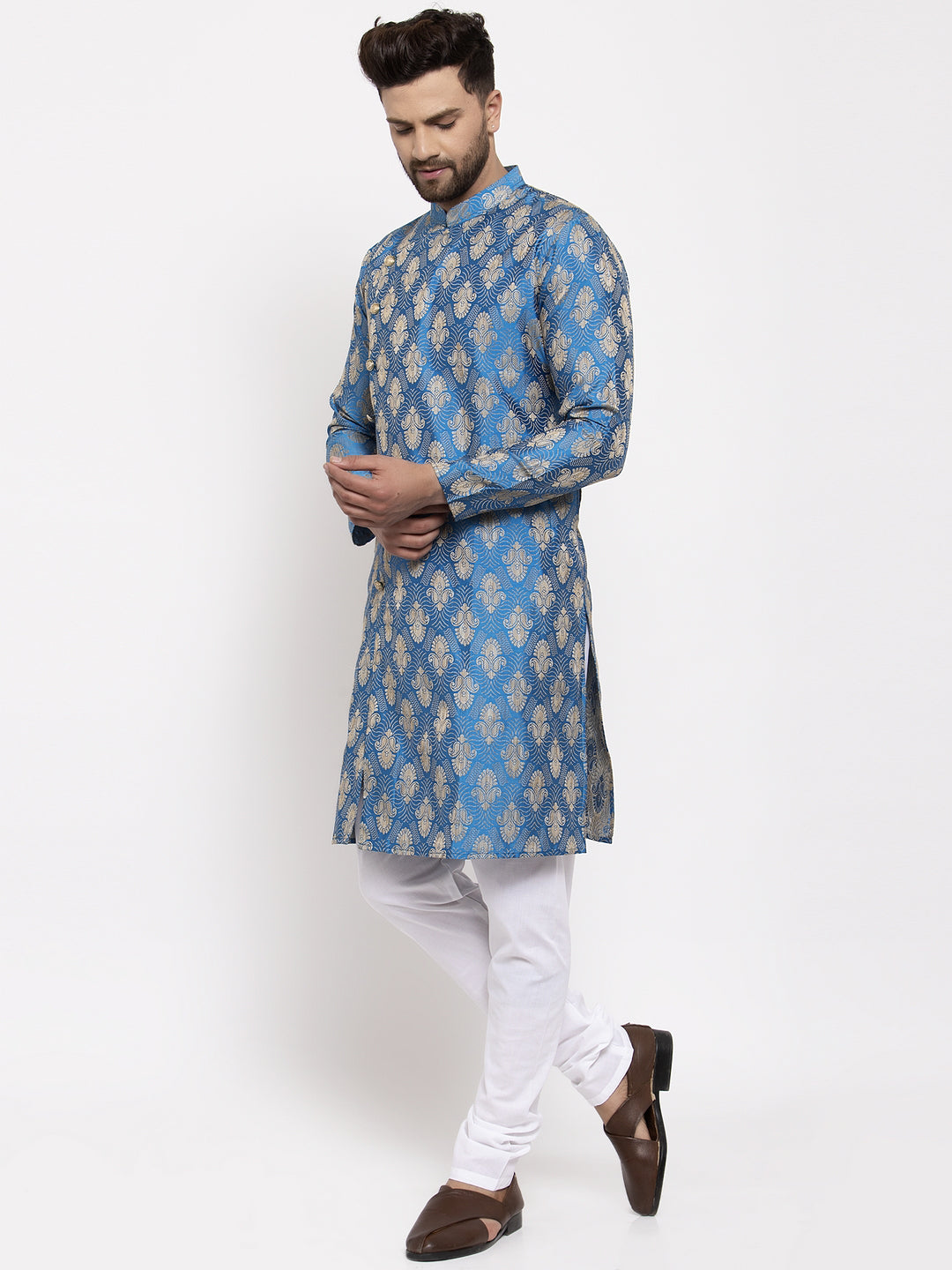 Jompers Men Blue Jacquard Kurta with Churidar | Swadesiicart